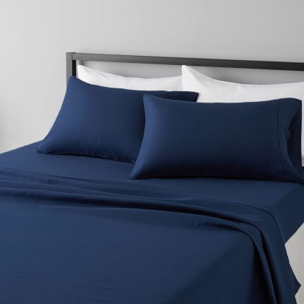Lightweight Super Soft Easy Care Wrinkle Free Microfiber 3 Piece Bed Sheet Set with 14-Inch Deep Pockets, Twin, Navy Blue, Solid, Kids, Men & Women Bedding