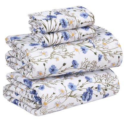 100% Cotton Sheets Queen Size Set, 4 Pieces, Soft & Breathable Percale Weave Bedding, Deep Pocket 16", Hotel Standard, Crisp Cool Feeling, Durable, Perfect Floral Bed Sheet, Sweet Pea